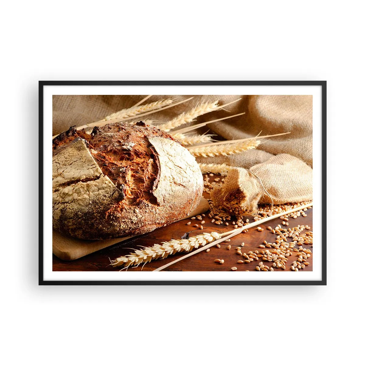 Poster in einem schwarzem Rahmen - Knuspriges Brot mit Körnern und Weizenähren auf Holzhintergrund - 100x70cm - Appetitanregend, duftend, knackig - Moderne Wanddekoration für Wohnzimmer und Schlafzimmer ARTTOR