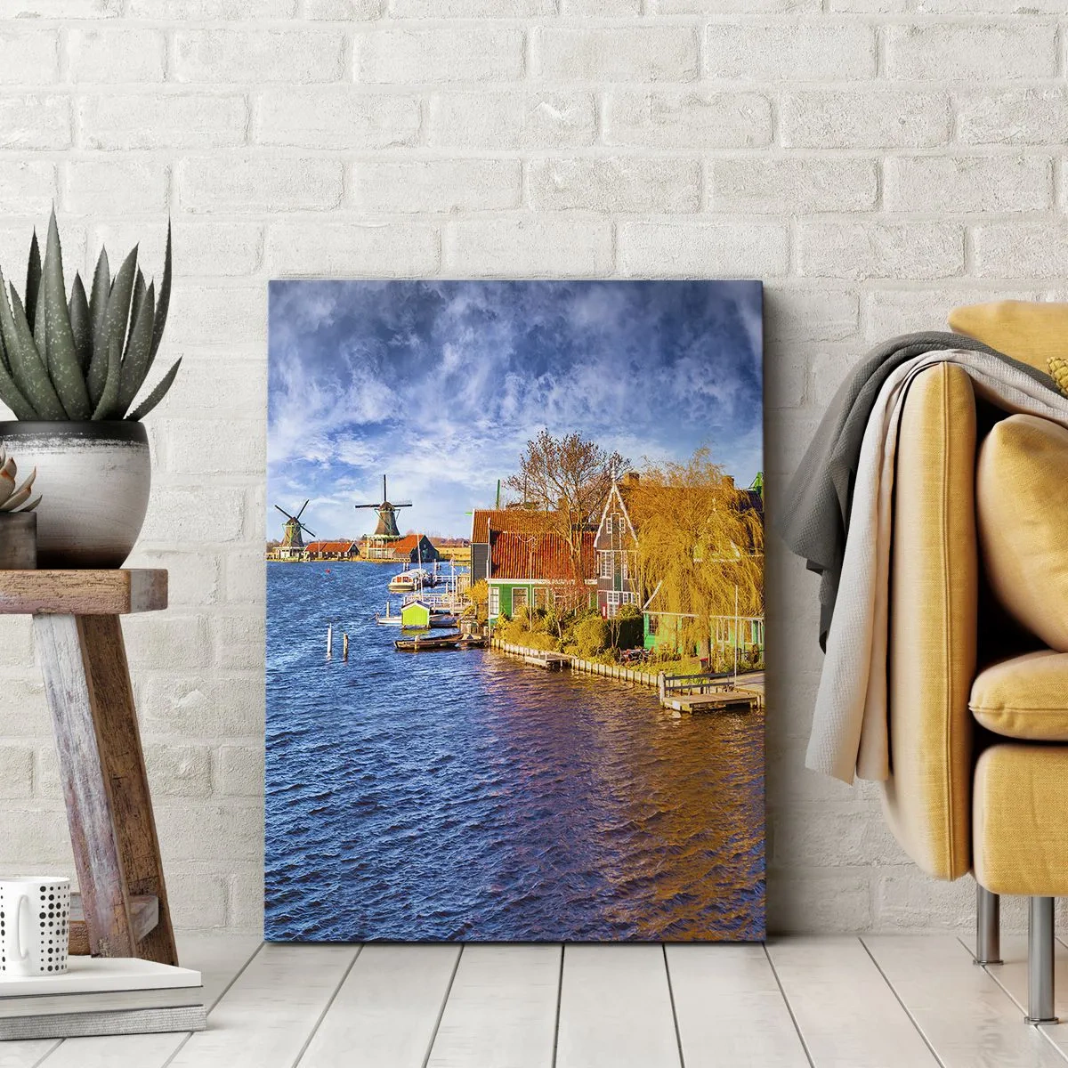 Bild auf Leinwand - Leinwandbild - Malerische Häuser und Windmühlen am Wasser - 50x70cm - Seit Jahrhunderten keine Veränderung - Moderne Wanddekoration für Wohnzimmer und Schlafzimmer ARTTOR