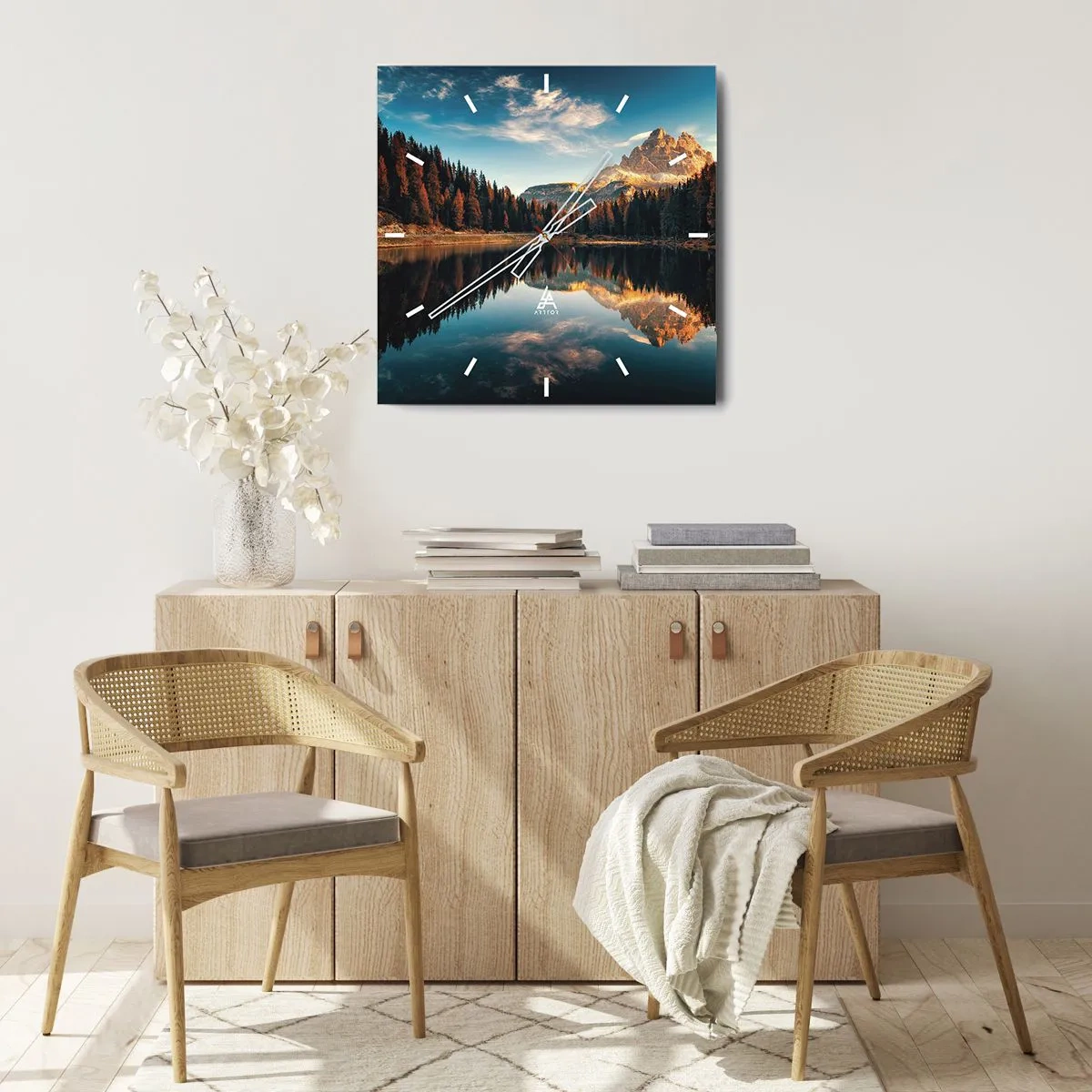 Wanduhr - Glasuhr - Berglandschaft mit See und Wald - 30x30cm - Doppelte Landschaft - Moderne Wanddekoration für Wohnzimmer und Schlafzimmer ARTTOR