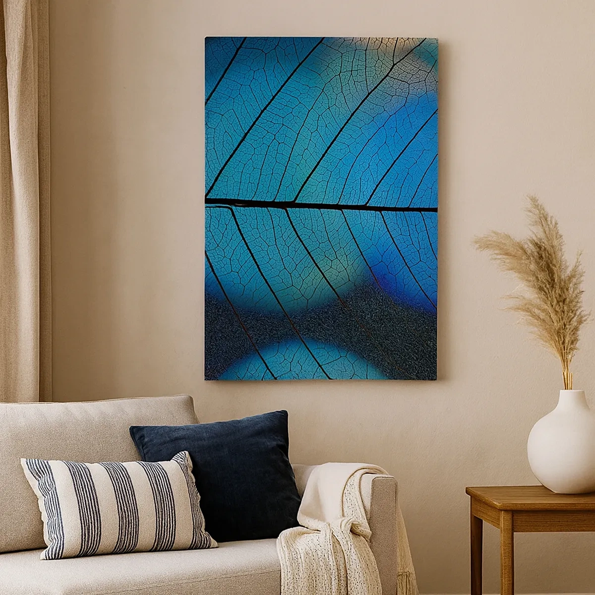 Bild auf Leinwand - Leinwandbild - Nahaufnahme eines blauen Blattes mit sichtbaren Blattadern - 50x70cm - Komplizierte Konstruktion - Moderne Wanddekoration für Wohnzimmer und Schlafzimmer ARTTOR