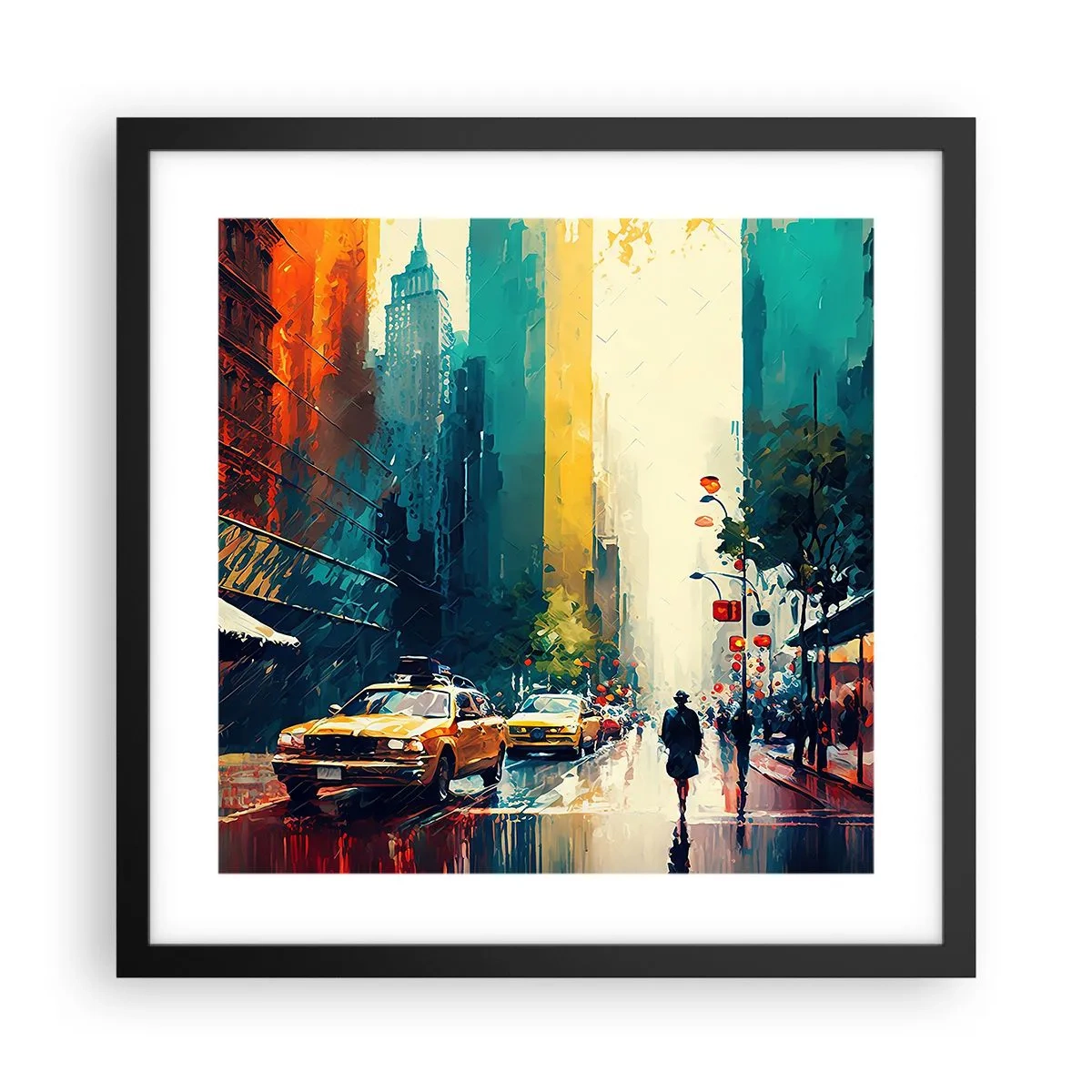 Poster in einem schwarzem Rahmen - New York – selbst der Regen ist hier bunt - 40x40 cm