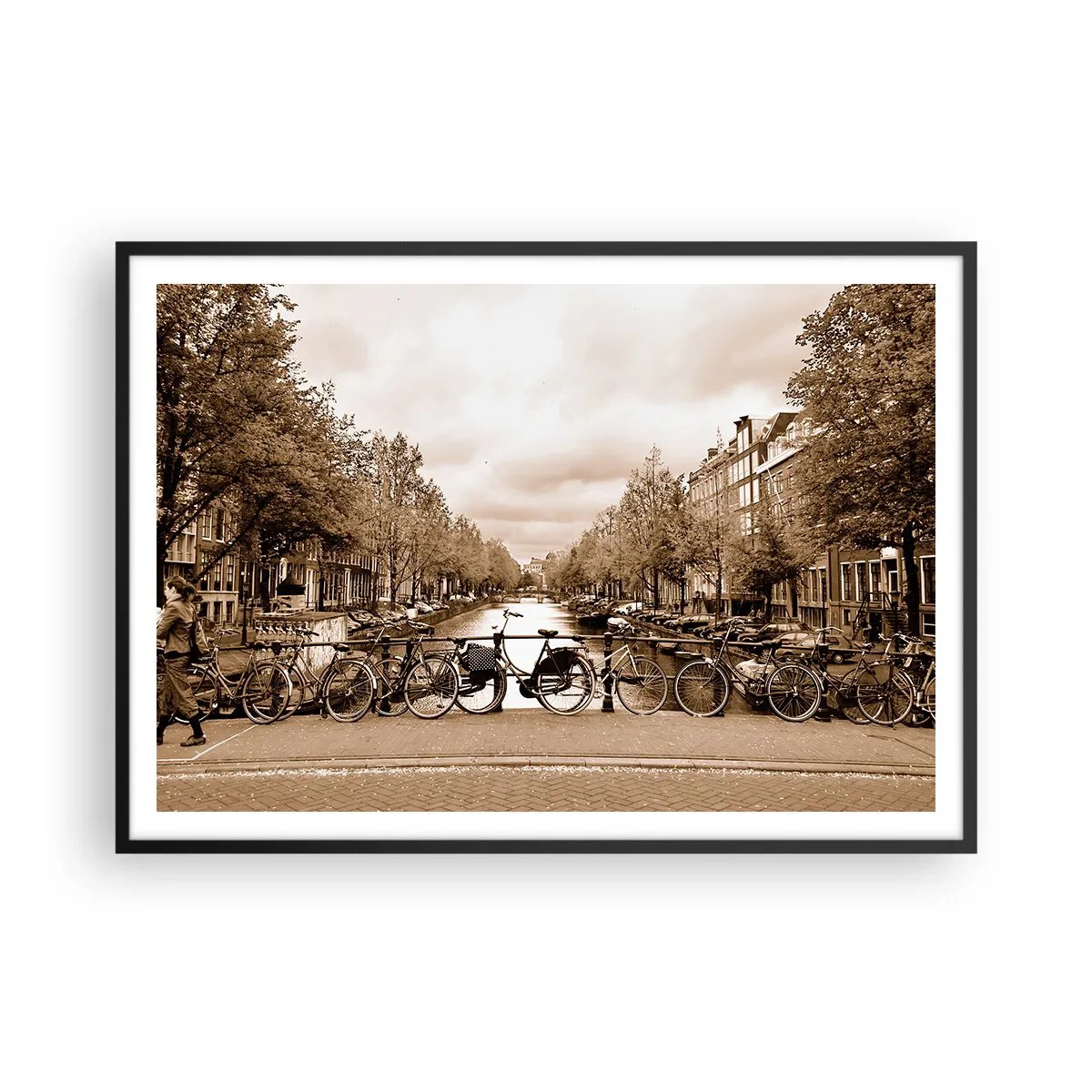 Poster in einem schwarzem Rahmen - Fahrradbrücke über den Kanal in Sepia - 100x70cm - Niederländische Atmosphäre - Moderne Wanddekoration für Wohnzimmer und Schlafzimmer ARTTOR