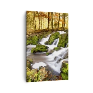 Bild auf Leinwand - Leinwandbild - Eine bewaldete Landschaft mit einem von Moos umgebenen Wasserfall - 80x120cm - Rasch durch den herbstlichen Wald - Moderne Wanddekoration für Wohnzimmer und Schlafzimmer ARTTOR
