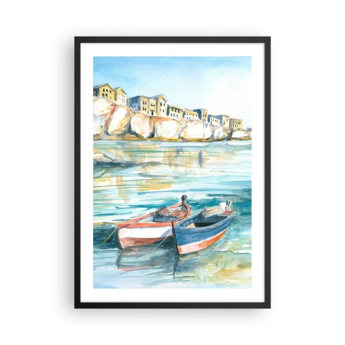 Poster in einem schwarzem Rahmen - Aquarelllandschaft mit Booten auf dem Wasser und einer Küstenstadt - 50x70cm - Landschaft in Azurblau - Moderne Wanddekoration für Wohnzimmer und Schlafzimmer ARTTOR
