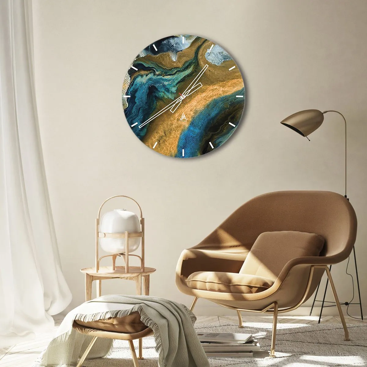 Wanduhr - Glasuhr - Abstraktes Muster in Blau- und Goldtönen - 30x30cm - Blau - Gelb - gegenseitige Beeinflussung - Moderne Wanddekoration für Wohnzimmer, Küche und Schlafzimmer ARTTOR