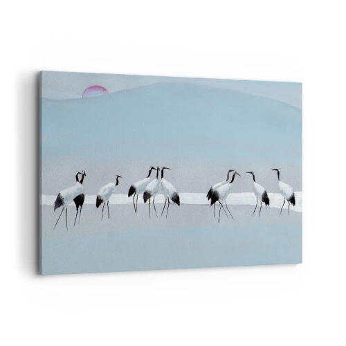 Bild auf Leinwand - Leinwandbild - Eine Gruppe von Kranichen vor blauem Himmel und der aufgehenden Sonne - 100x70cm - Nach einem heißen Tag - Moderne Wanddekoration für Wohnzimmer und Schlafzimmer ARTTOR