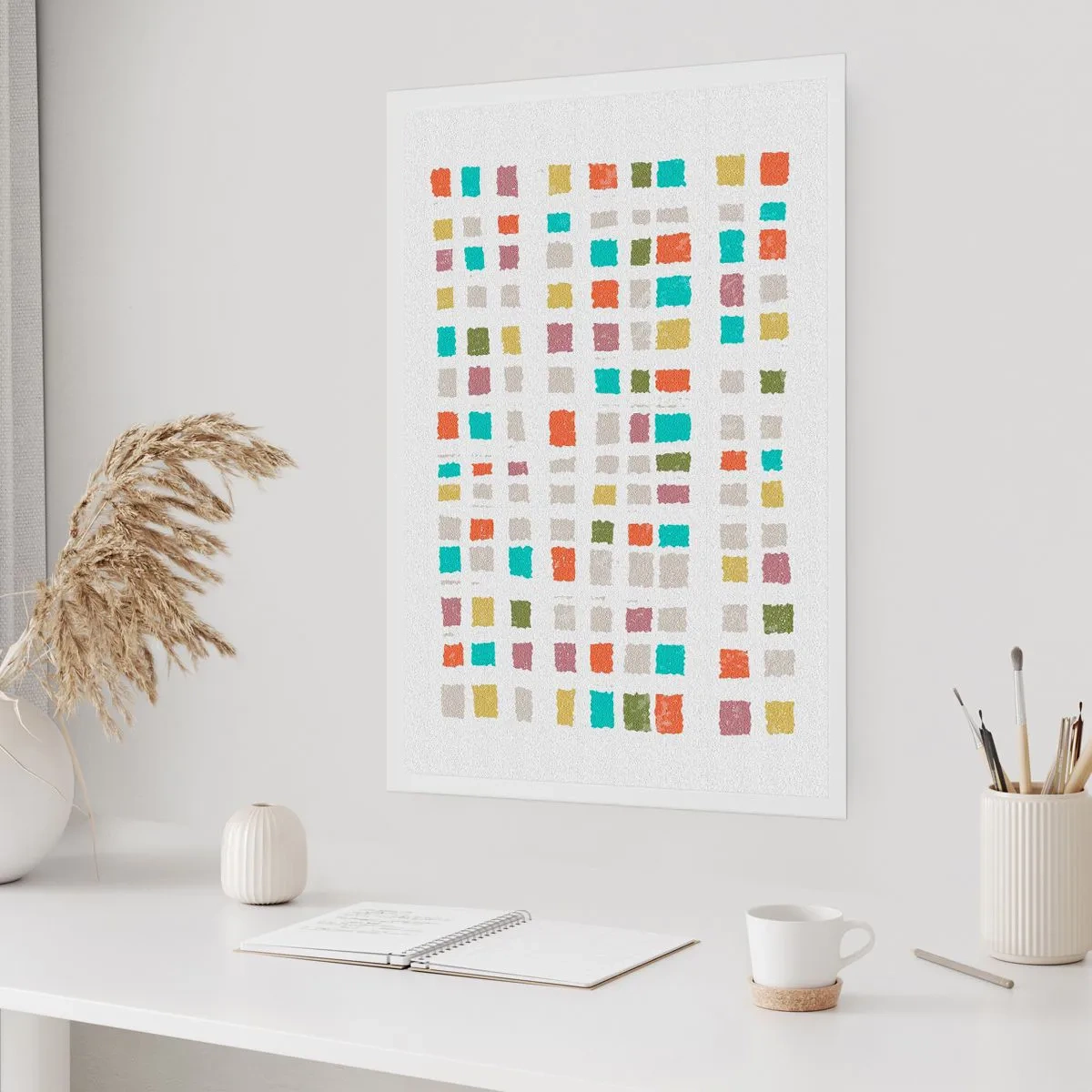 Poster - Bunte geometrische Quadrate auf hellem Hintergrund - 50x70cm - Unbekanntes Spiel - Moderne Wanddekoration für Wohnzimmer und Schlafzimmer ARTTOR