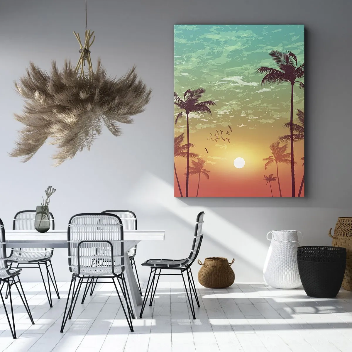 Bild auf Leinwand - Leinwandbild - Sonnenuntergang mit Palmen vor einem bunten Himmel - 50x70cm - Tropische Stimmung - Moderne Wanddekoration für Wohnzimmer und Schlafzimmer ARTTOR