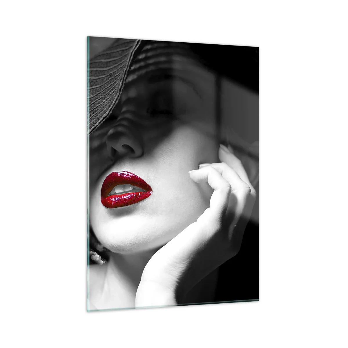 Glasbild - Bild auf glas - Schwarz-Weiß-Komposition mit rotem Lippenakzent - 50x70cm - Eine Studie in Scharlachrot - Moderne Wanddekoration für Wohnzimmer und Schlafzimmer ARTTOR