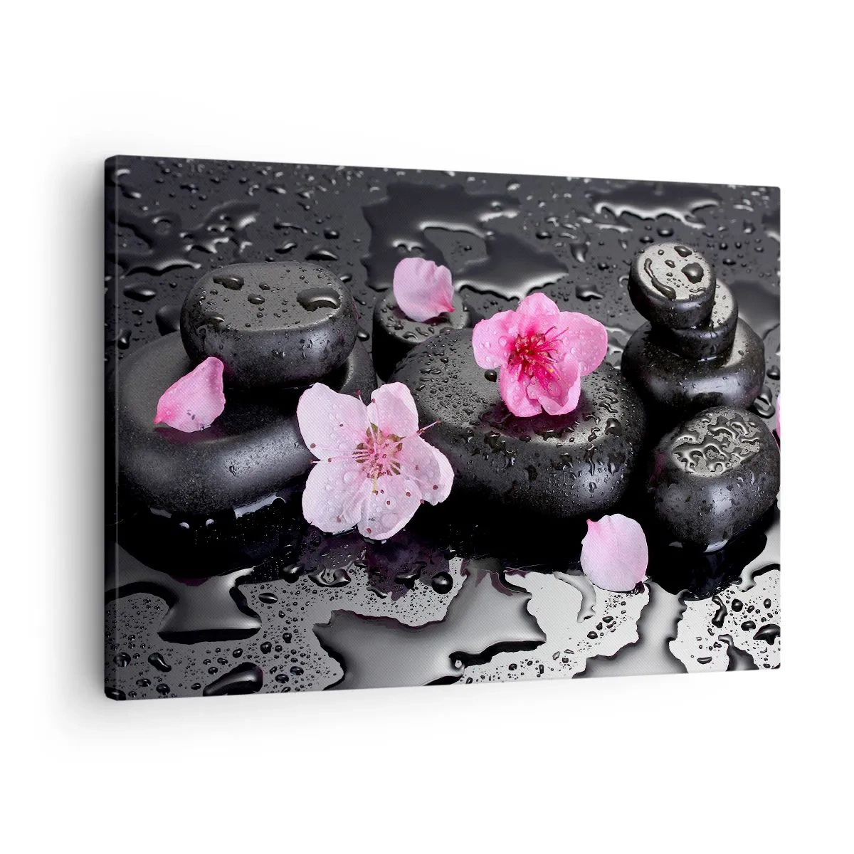 Bild auf Leinwand - Leinwandbild - Schwarze Steine und rosa Blumen im Spa-Stil - 70x50cm - Und der Stein fällt vom Herzen - Moderne Wanddekoration für Wohnzimmer und Schlafzimmer ARTTOR