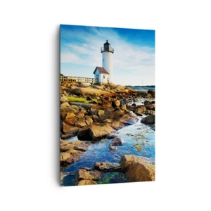 Bild auf Leinwand - Leinwandbild - Ein Leuchtturm an einer felsigen Küste an einem sonnigen Tag - 80x120cm - Komm glücklich zurück, ich warte - Moderne Wanddekoration für Wohnzimmer und Schlafzimmer ARTTOR