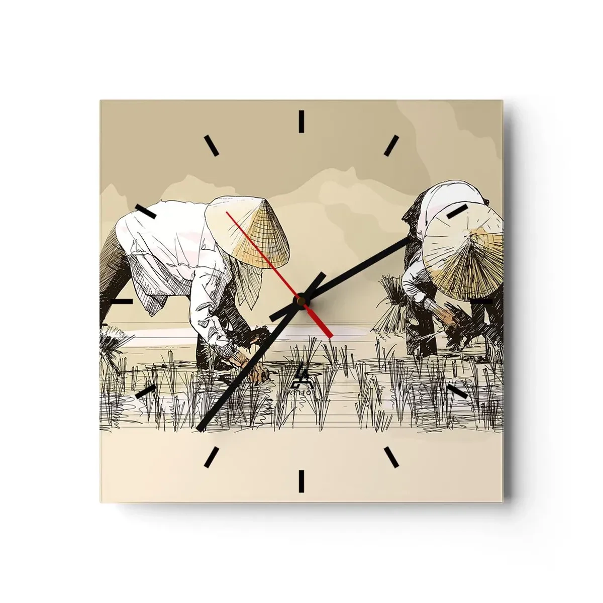Wanduhr - Glasuhr - Bauern bei der Arbeit auf einem Reisfeld mit traditioneller Kopfbedeckung - 30x30cm - Erfolgreiche Ernte - Moderne Wanddekoration für Wohnzimmer und Schlafzimmer ARTTOR