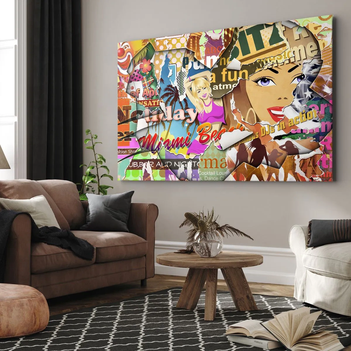 Bild auf Leinwand - Leinwandbild - Eine farbenfrohe Collage mit Retro- und Pop-Art-Elementen. - 120x80cm - Sommer Rückblicke - Moderne Wanddekoration für Wohnzimmer und Schlafzimmer ARTTOR