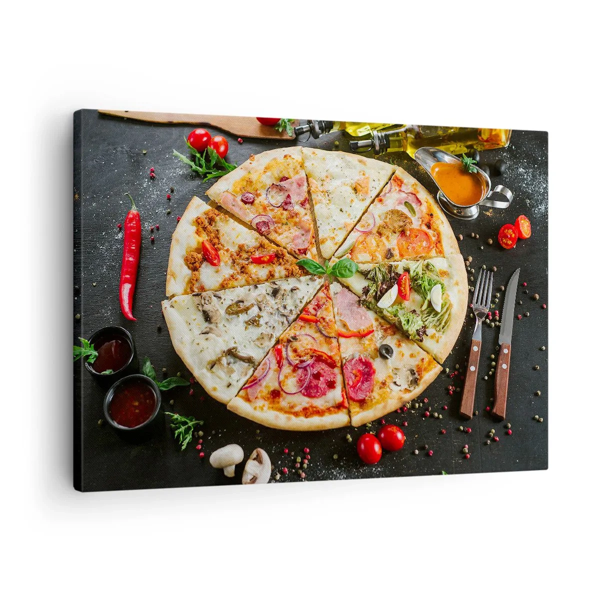 Bild auf Leinwand - Leinwandbild - Pizza in verschiedenen Geschmacksrichtungen mit verschiedenen Belägen - 70x50cm - Eine Reihe von Geschmacksrichtungen - Moderne Wanddekoration für Wohnzimmer und Schlafzimmer ARTTOR