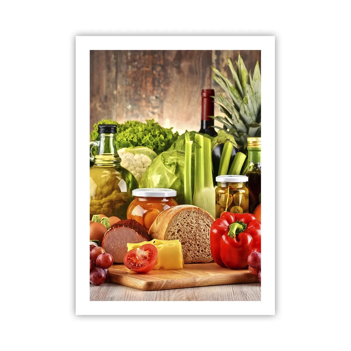 Poster - Buntes Gemüse und Lebensmittel auf einem hölzernen Hintergrund - 50x70cm - Geräuchert, gebacken und eingelegt - Moderne Wanddekoration für Wohnzimmer und Schlafzimmer ARTTOR