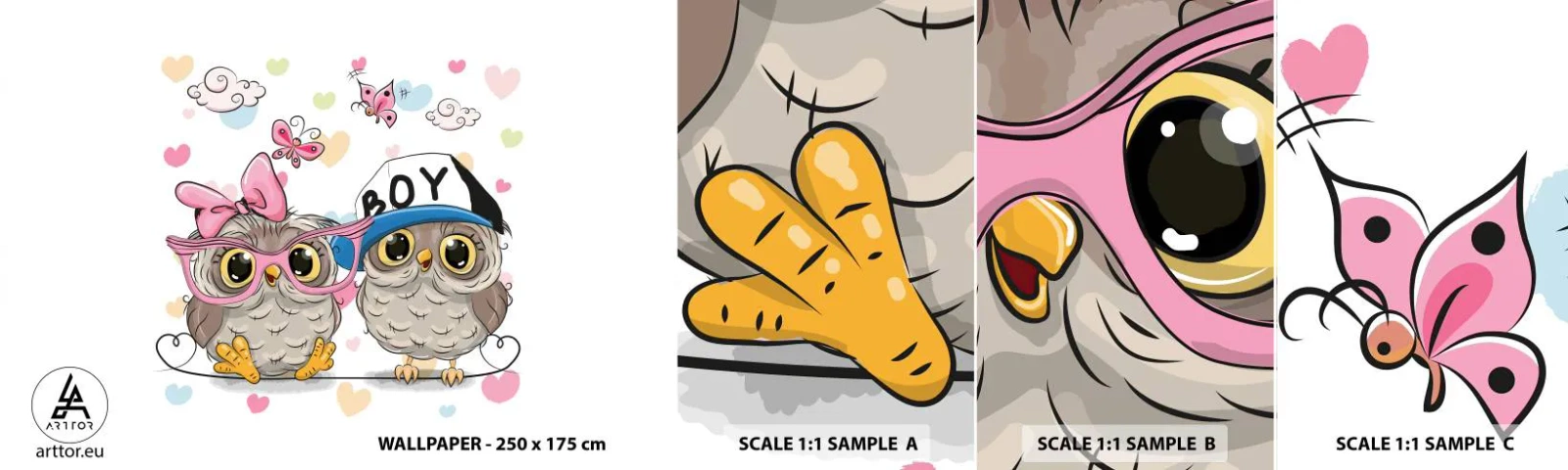 Fototapeten Muster Selbstklebend Deluxe Sticker - Lass uns Liebe machen! - Für Kinder, Eule, Schmetterling - 100x30 cm