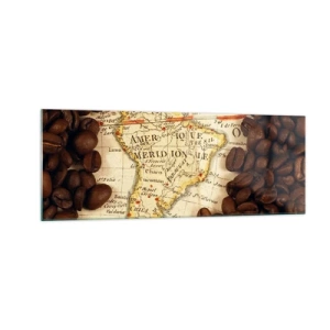 Glasbild - Bild auf glas - Eine Karte von Südamerika, umgeben von Kaffeebohnen. - 140x50cm - Woher kommt der beste Kaffee? - Moderne Wanddekoration für Wohnzimmer und Schlafzimmer ARTTOR