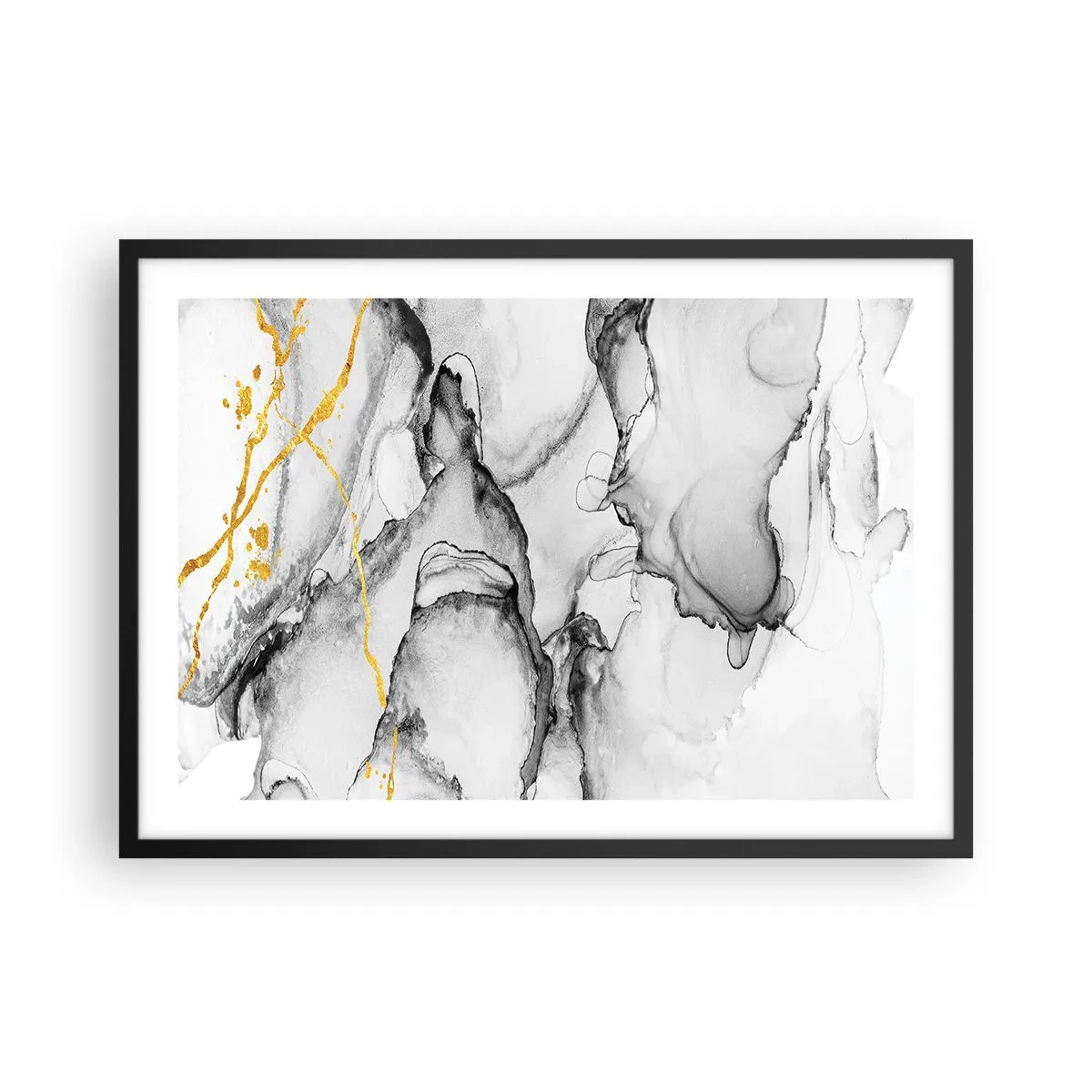 Poster in einem schwarzem Rahmen - Abstrakte schwarz-weiße Muster mit goldenen Akzenten - 70x50cm - Komposition mit Goldmotiv - Moderne Wanddekoration für Wohnzimmer und Schlafzimmer ARTTOR