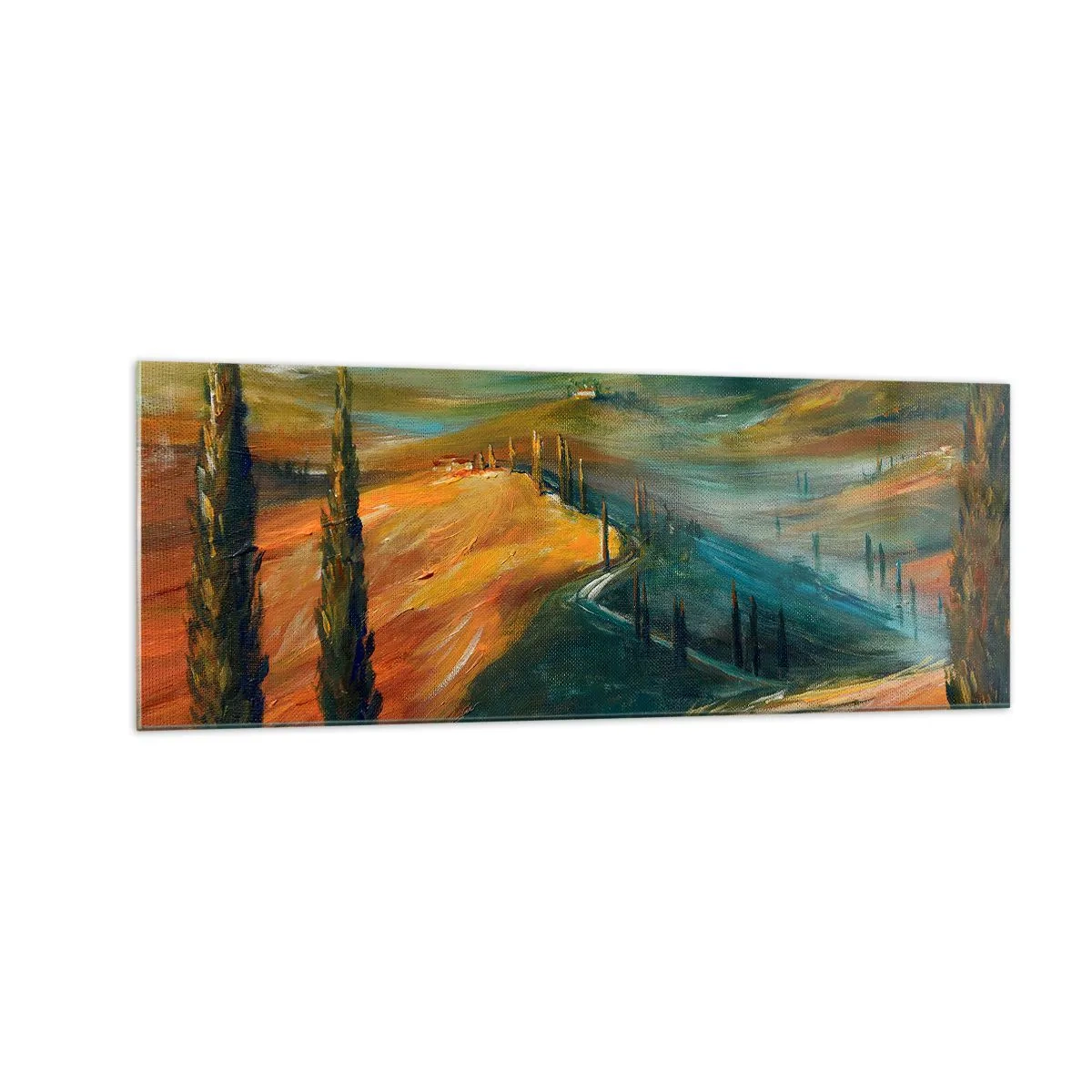 Glasbild - Bild auf glas - Toskanische Landschaft mit Feldern, Straße und Zypressen - 140x50cm - Toskanische Landschaft - Moderne Wanddekoration für Wohnzimmer und Schlafzimmer ARTTOR