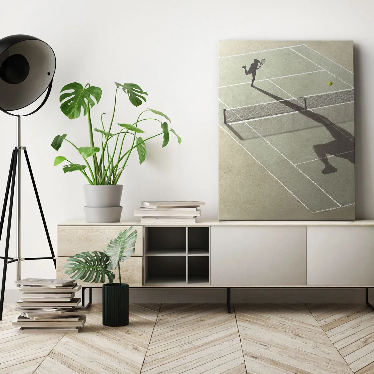 Bild auf Leinwand - Leinwandbild - Der Schatten eines Tennisspielers auf dem Platz während eines Tennisspiels - 80x120cm - Überwinde dich selbst - Moderne Wanddekoration für Wohnzimmer und Schlafzimmer ARTTOR