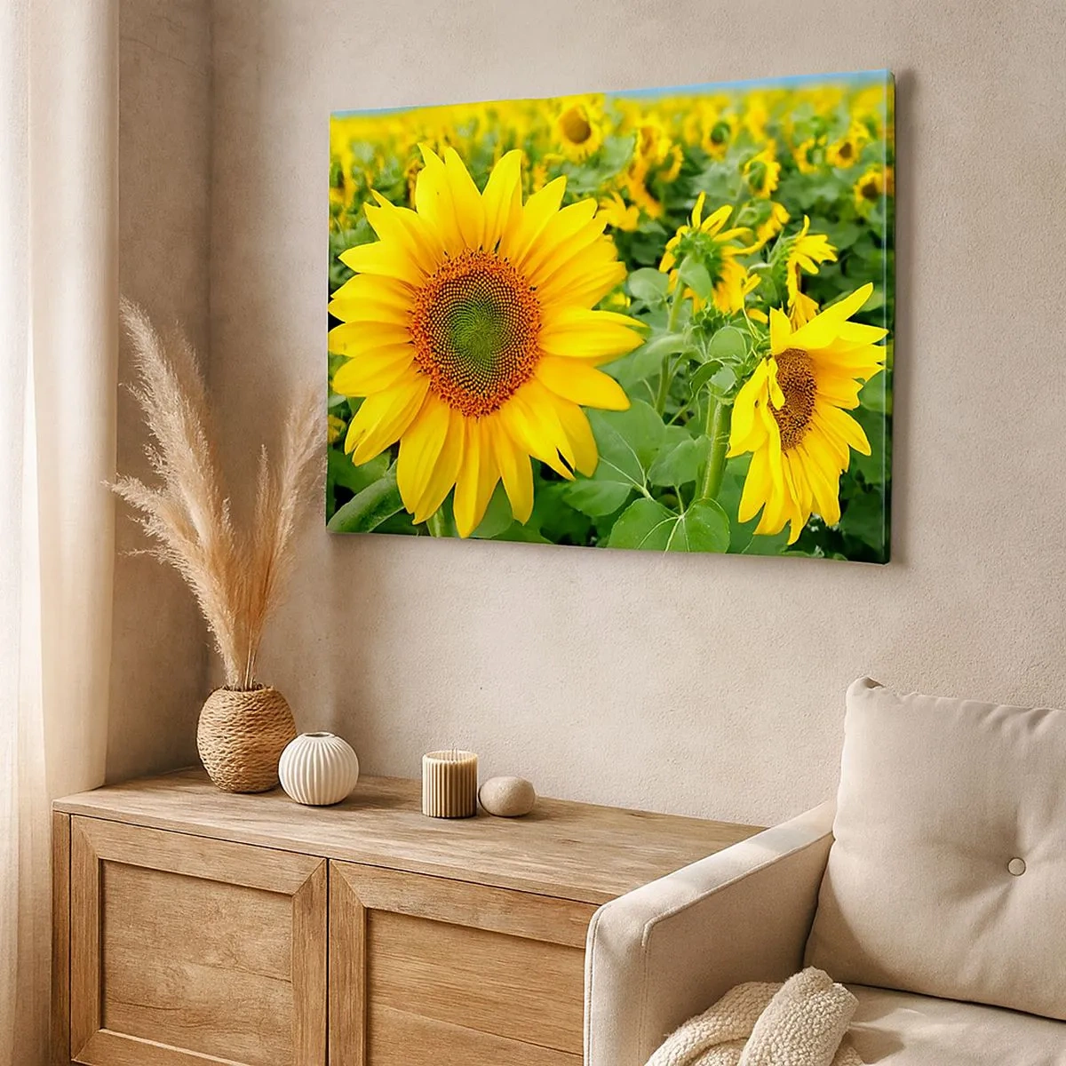 Bild auf Leinwand - Leinwandbild - Ein Feld mit Sonnenblumen und gelben Blüten vor einem Hintergrund aus grünen Blättern - 70x50cm - Hunderte von Sonnen flammten auf - Moderne Wanddekoration für Wohnzimmer und Schlafzimmer ARTTOR