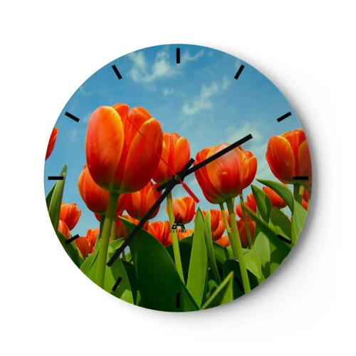 Wanduhr - Glasuhr - Rote Tulpen vor blauem Himmel - 30x30cm - Außer dem blauen Himmel brauchen sie nichts in ihrem Leben - Moderne Wanddekoration für Wohnzimmer, Küche und Schlafzimmer ARTTOR