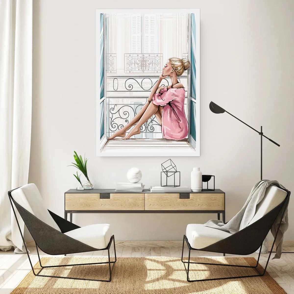 Poster - Eine Frau im rosa Bademantel sitzt auf einem Balkon - 50x70cm - Pariser Morgen - Moderne Wanddekoration für Wohnzimmer und Schlafzimmer ARTTOR