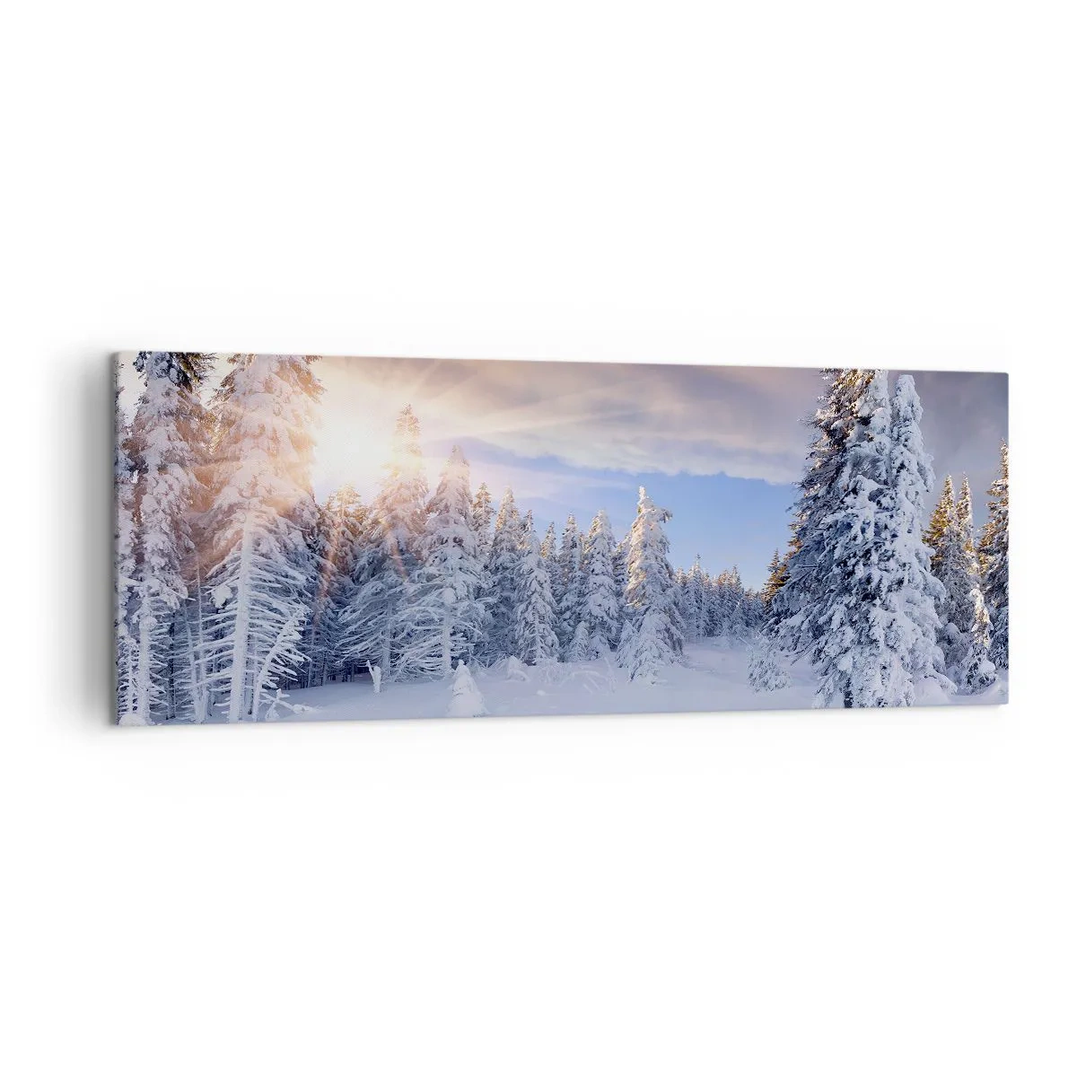 Bild auf Leinwand - Leinwandbild - Winterlandschaft mit schneebedecktem Wald bei Sonnenuntergang - 140x50cm - Ein verschneites Naturschauspiel - Moderne Wanddekoration für Wohnzimmer und Schlafzimmer ARTTOR
