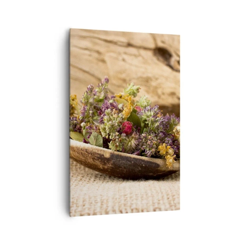 Bild auf Leinwand - Leinwandbild - Getrocknete Kräuter in einem Holzlöffel auf natürlichem Holzhintergrund - 80x120cm - Bunte Blumen und duftende Kräuter - Moderne Wanddekoration für Wohnzimmer und Schlafzimmer ARTTOR
