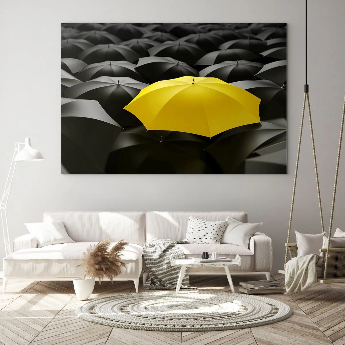 Glasbild - Bild auf glas - Ein gelber Regenschirm, der zwischen den schwarzen hervorsticht - 100x70cm - Auf Wiedersehen Trauer - Moderne Wanddekoration für Wohnzimmer und Schlafzimmer ARTTOR