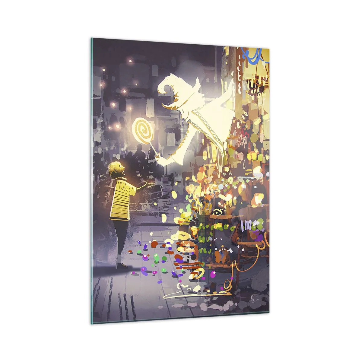 Glasbild - Bild auf glas - Ein Kind in einem hellen T-Shirt an einem hellen Stand voller bunter Süßigkeiten - 50x70cm - Magie ist da - Moderne Wanddekoration für Wohnzimmer und Schlafzimmer ARTTOR