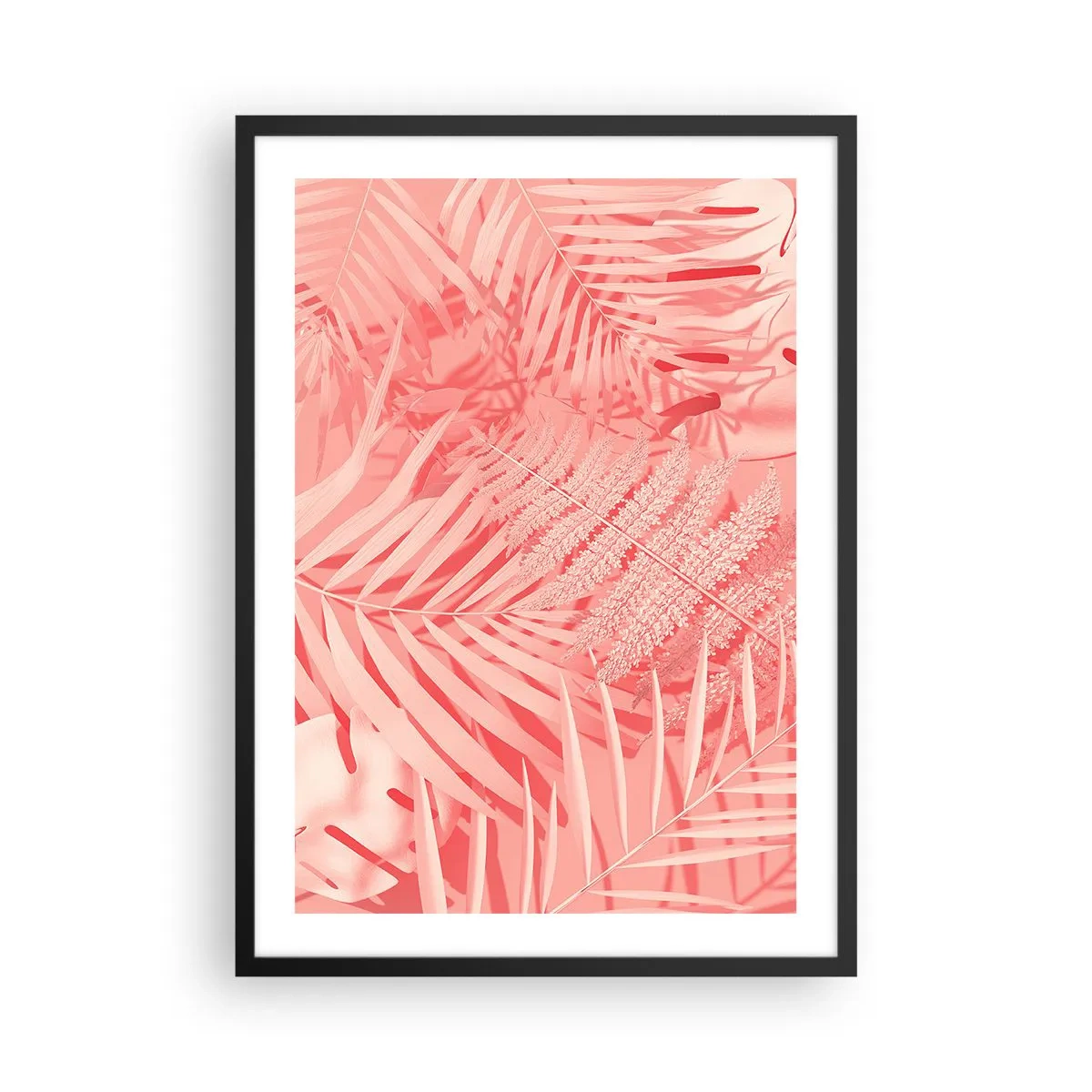 Poster in einem schwarzem Rahmen - Rosa Farn und Palmblätter auf pastellfarbenem Hintergrund - 50x70cm - Rosa Konzept - Moderne Wanddekoration für Wohnzimmer und Schlafzimmer ARTTOR
