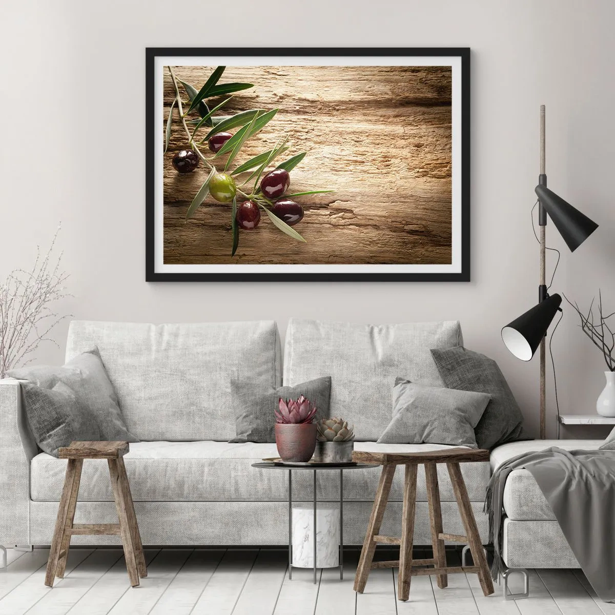 Poster in einem schwarzem Rahmen - Olivenzweig mit Früchten auf einem Hintergrund aus gealtertem Holz - 70x50cm - Direkt aus der Natur - Moderne Wanddekoration für Wohnzimmer und Schlafzimmer ARTTOR