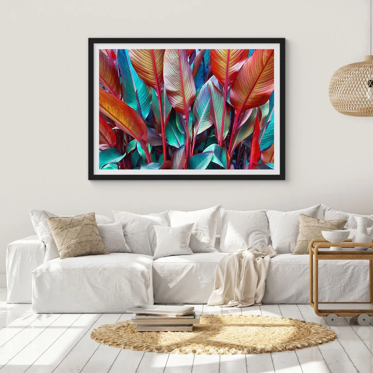 Poster in einem schwarzem Rahmen - Bunte Blätter tropischer Pflanzen im Dickicht - 100x70cm - Buntes Dickicht - Moderne Wanddekoration für Wohnzimmer und Schlafzimmer ARTTOR