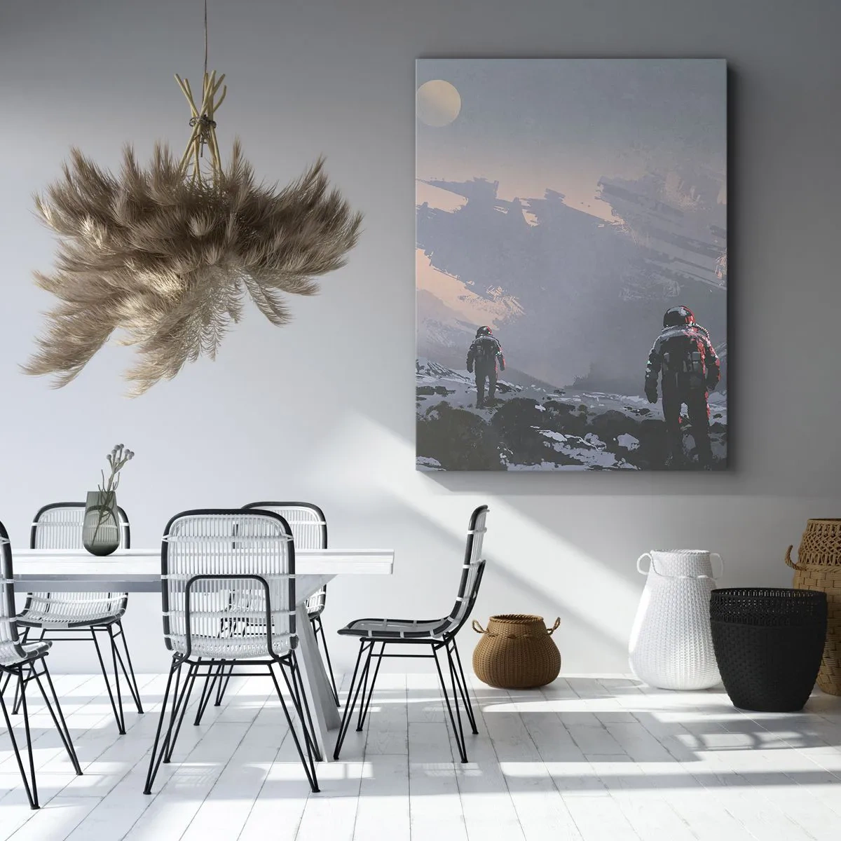Bild auf Leinwand - Leinwandbild - Astronauten auf einem fremden Planeten mit einem Raumschiffwrack - 80x120cm - Unter einem unbekannten Stern - Moderne Wanddekoration für Wohnzimmer und Schlafzimmer ARTTOR