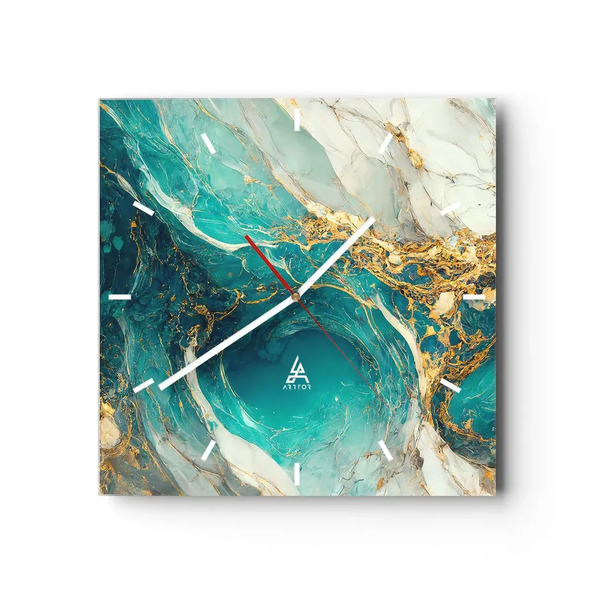 Wanduhr - Glasuhr - Eine abstrakte Komposition in Türkis- und Goldtönen. - 30x30cm - Komposition mit Goldadern - Moderne Wanddekoration für Wohnzimmer und Schlafzimmer ARTTOR