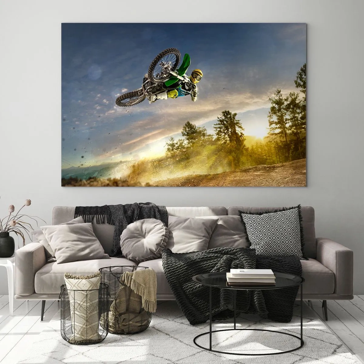 Glasbild - Bild auf glas - Ein Motorradfahrer in Aktion vor der Kulisse der untergehenden Sonne - 120x80cm - Schalten Sie Emotionen ein! - Moderne Wanddekoration für Wohnzimmer und Schlafzimmer ARTTOR