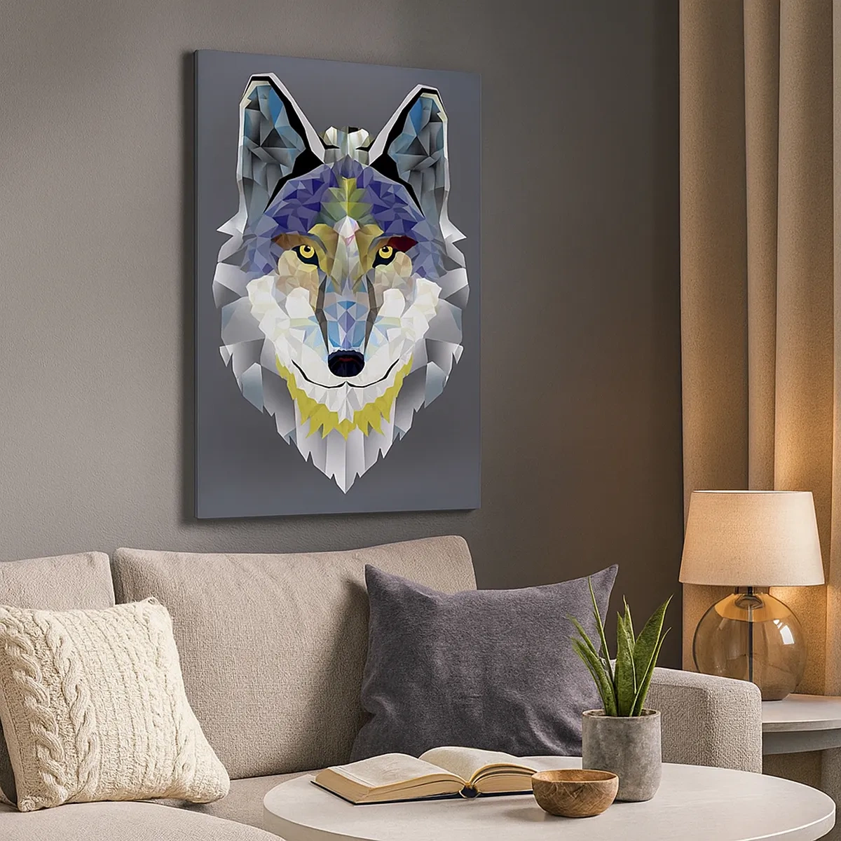 Bild auf Leinwand - Leinwandbild - Geometrisches Bild eines Wolfes auf grauem Hintergrund - 50x70cm - Vom Teufel sprechen - Moderne Wanddekoration für Wohnzimmer und Schlafzimmer ARTTOR