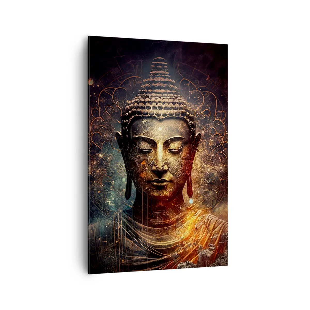 Bild auf Leinwand - Leinwandbild - Goldener Buddha auf dunklem Hintergrund mit Ornamenten - 80x120cm - Spirituelles Gleichgewicht - Moderne Wanddekoration für Wohnzimmer und Schlafzimmer ARTTOR