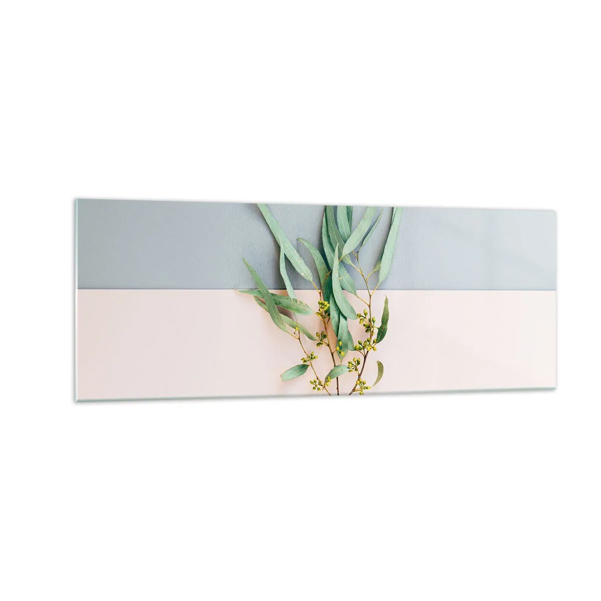 Glasbild - Bild auf glas - Ein Zweig mit Blättern auf einem Hintergrund in Pastelltönen - 140x50cm - Pastellige Subtilität - Moderne Wanddekoration für Wohnzimmer und Schlafzimmer ARTTOR