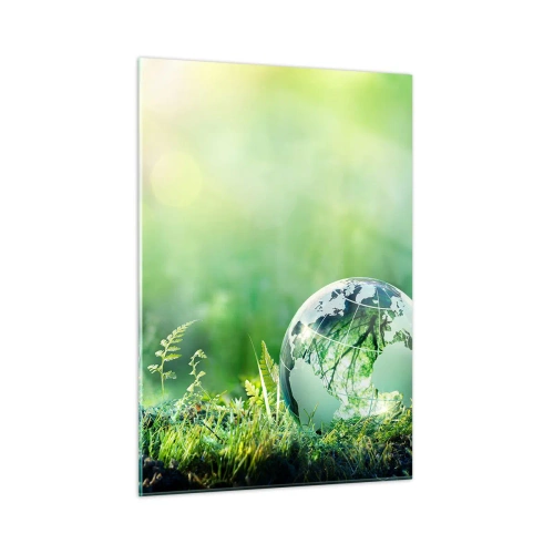 Glasbild - Bild auf glas - Eine Glaskugel mit einer Weltkarte vor dem Hintergrund grüner Natur - 50x70cm - Der grüne Planet - Moderne Wanddekoration für Wohnzimmer und Schlafzimmer ARTTOR