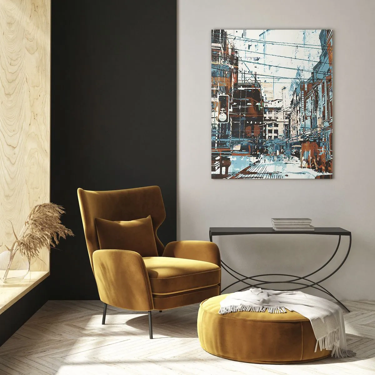 Glasbild - Bild auf glas - Eine malerische Stadtstraße in einem künstlerischen, abgenutzten Stil - 50x70cm - Ein abgenutzter Stadtwanderweg - Moderne Wanddekoration für Wohnzimmer und Schlafzimmer ARTTOR