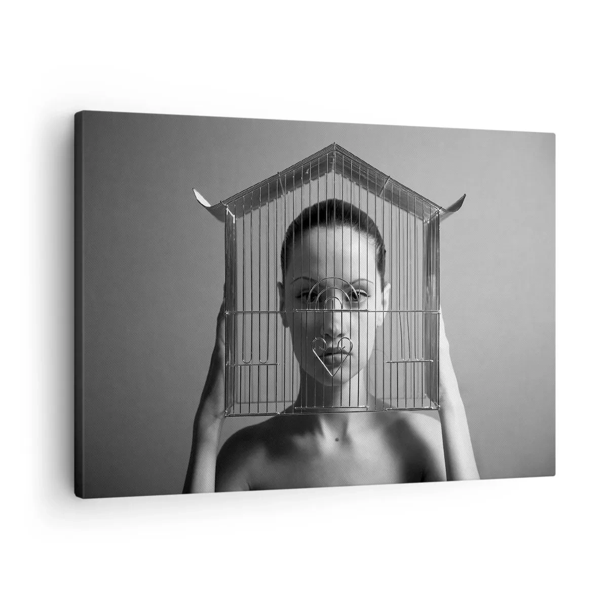 Bild auf Leinwand - Leinwandbild - Frau hinter einem Käfig im surrealen Stil - 70x50cm - Ein leicht surreales Portrait - Moderne Wanddekoration für Wohnzimmer und Schlafzimmer ARTTOR