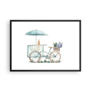 Poster in einem schwarzem Rahmen - Ein Fahrrad mit Eis und Blumen unter einem Regenschirm in zarten Pastellfarben - 70x50cm - Süße Erinnerung an den Sommer - Moderne Wanddekoration für Wohnzimmer und Schlafzimmer ARTTOR
