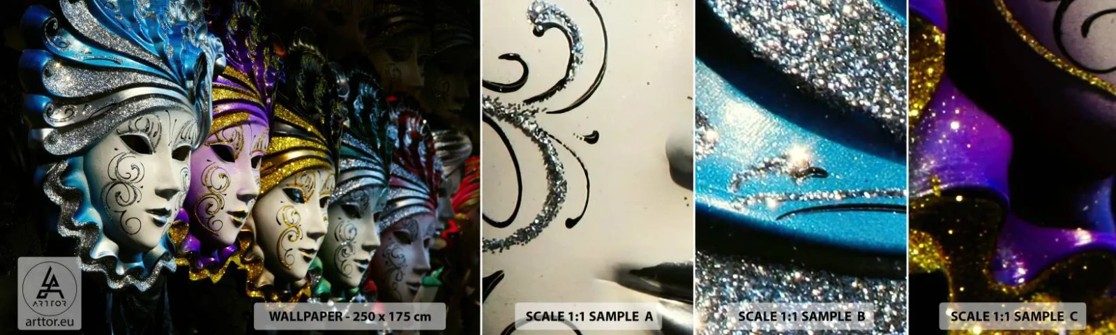 Fototapeten Muster Selbstklebend Deluxe Sticker - Geheimnis in Gold und Silber - Venezianische Maske, Venedig, Karneval - 100x30 cm