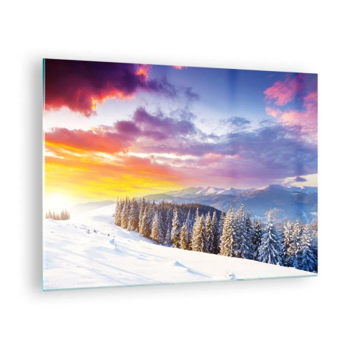 Glasbild - Bild auf glas - Winterliche Berglandschaft mit schneebedeckten Bäumen und buntem Himmel - 70x50cm - Am helllichten Tag - Moderne Wanddekoration für Wohnzimmer und Schlafzimmer ARTTOR