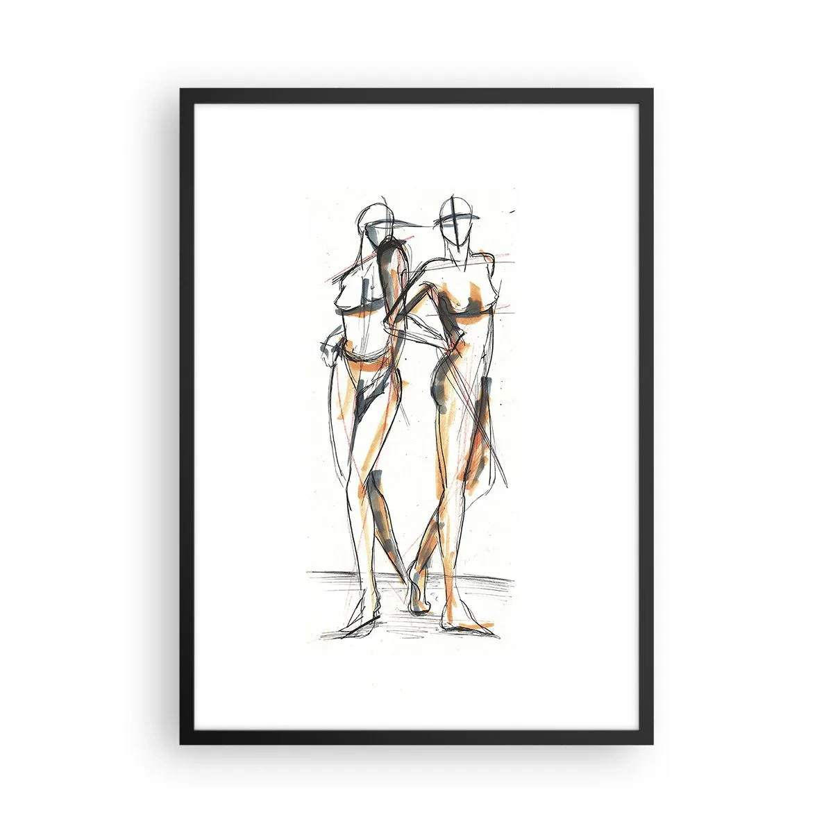 Poster in einem schwarzem Rahmen - Abstrakte Skizze zweier Figuren in warmen Farben. - 50x70cm - Studie der Gnade - Moderne Wanddekoration für Wohnzimmer und Schlafzimmer ARTTOR