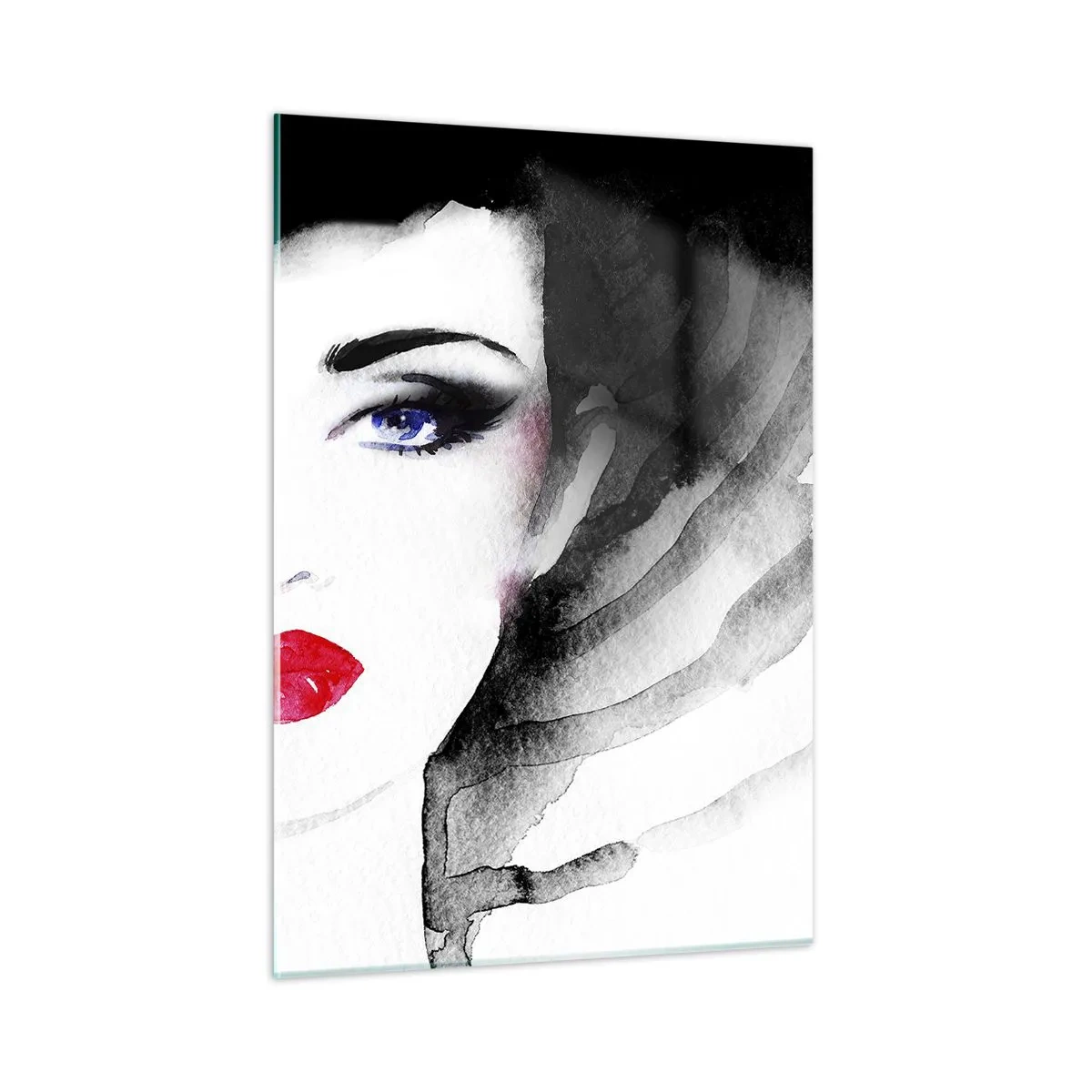 Glasbild - Bild auf glas - Porträt einer Frau mit ausdrucksstarken roten Lippen und schwarzem Hut - 50x70cm - Er drückt zurück und ruft an - Moderne Wanddekoration für Wohnzimmer und Schlafzimmer ARTTOR