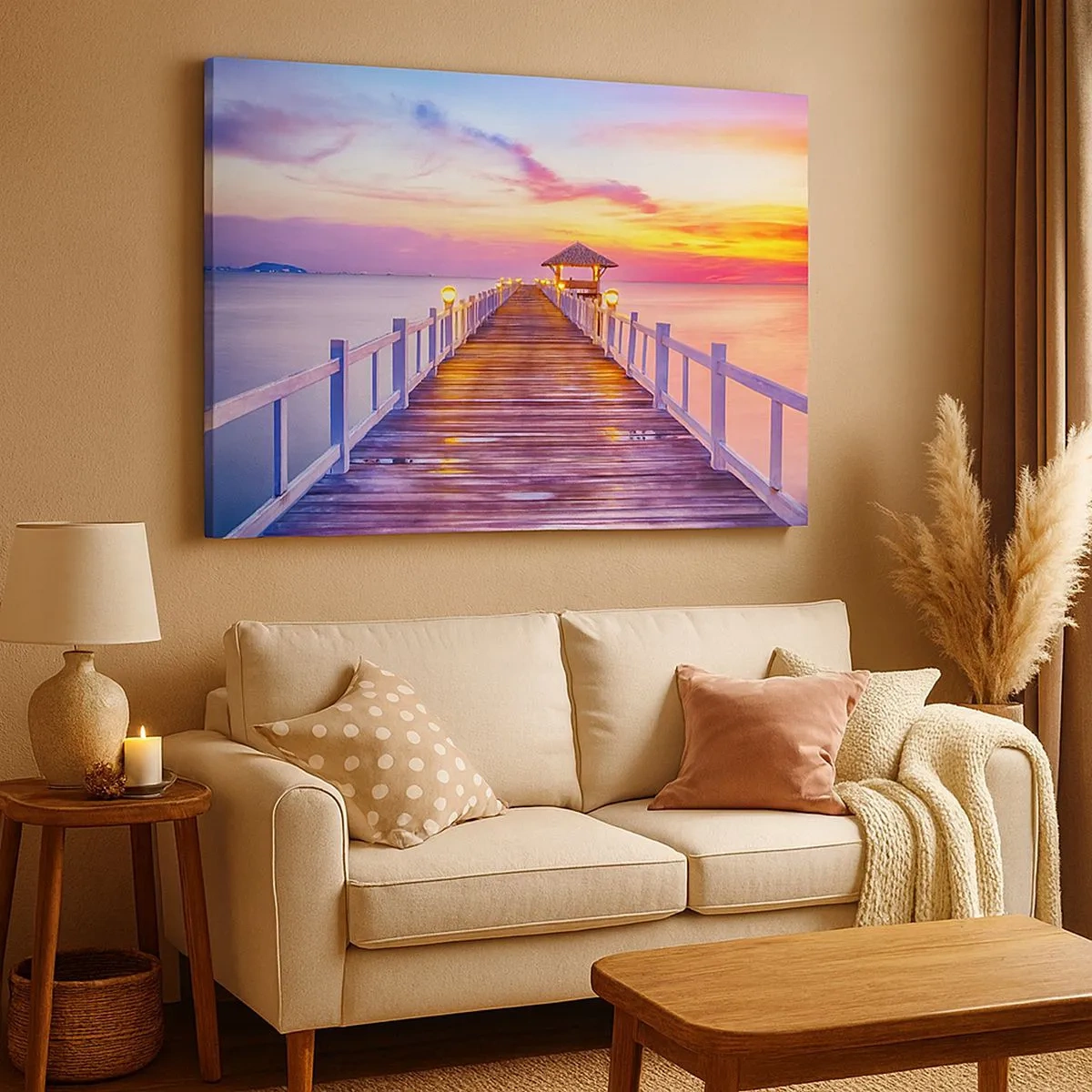 Bild auf Leinwand - Leinwandbild - Ein Pier über dem Wasser bei Sonnenuntergang in Pastellfarben - 70x50cm - Die lila-goldene Stille des Abends - Moderne Wanddekoration für Wohnzimmer und Schlafzimmer ARTTOR