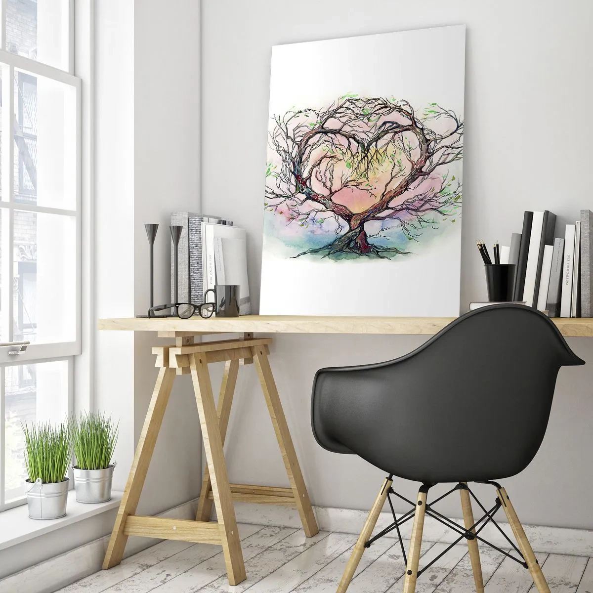 Glasbild - Bild auf glas - Ein herzförmiger Baum mit einem farbenfrohen, pastellfarbenen Hintergrund - 50x70cm - Gemeinsam gegen die Stürme - Moderne Wanddekoration für Wohnzimmer und Schlafzimmer ARTTOR